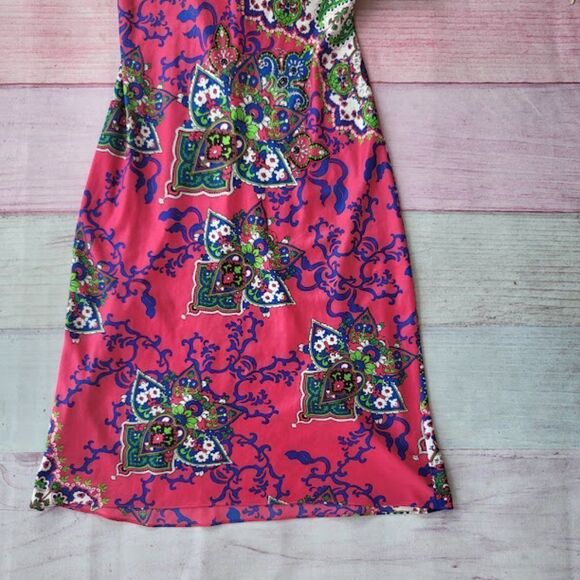 Natori Pink/Blue Multicolored Paisley Satin Midi Shift Slip Dress M/L - Picture 3 of 6